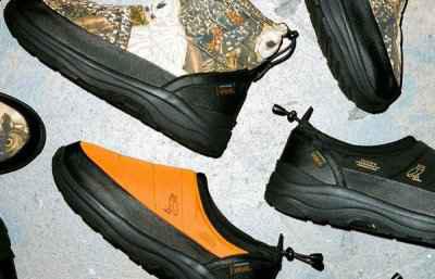 而靴子则是除黑以外又另潮牌信息外设计了“猫头鹰迷彩”款式（OVO x Suicoke 全新联乘鞋款系列明日发售~）