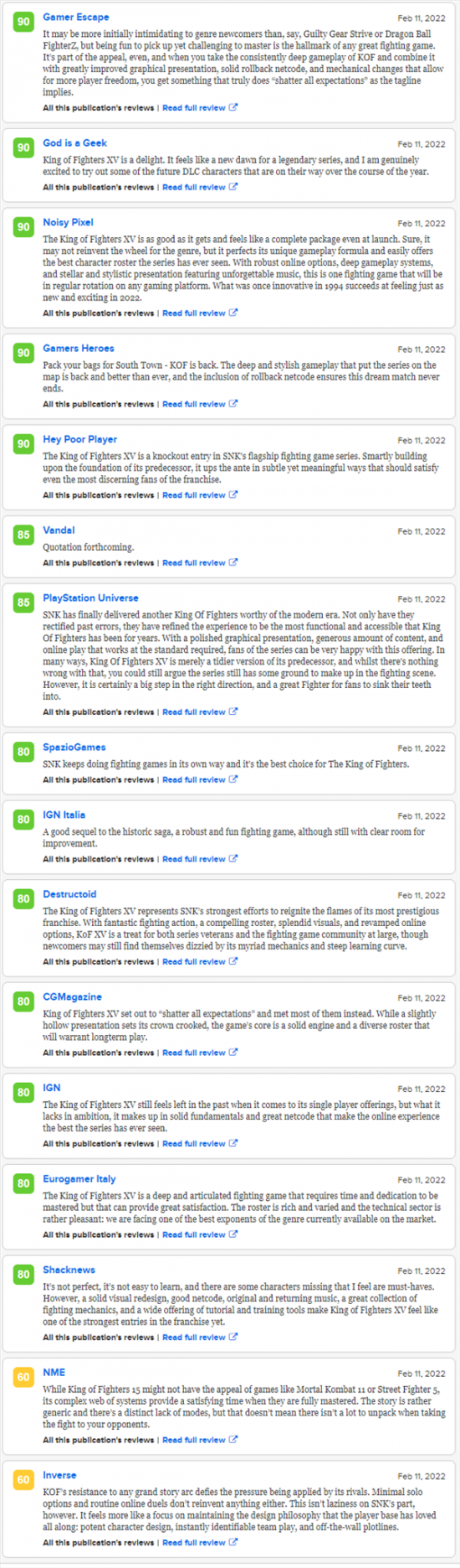 在全20家媒体评价中 玩家最喜爱潮牌有哪些？（SNK《拳皇15》媒体评分解禁 PS5版M站均分81无差评）