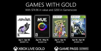  以下为4月免费游戏阵容： Xbox One ·《别样视界》(4月1日至30日) ·《Hue》(4月16日至5月15日) Xbox 360 ·《Outpost Kaloki X》(4月1日至15日) ·《究极大越野：生存》(4月16日至30日)  潮牌游戏互动（Xbox Live金会员4月会免：《别样视界》等四作）