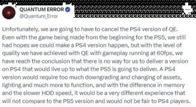 PS4版会基于PS5版进行降级处理 2023年最新流行（科幻恐怖FPS《量子误差》PS4版取消 未来将登陆PC）