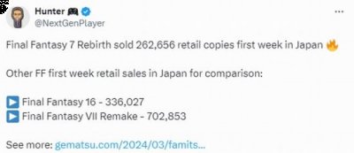 该作更受传统粉丝的喜爱 2023年最新流行（日本《最终幻想7：重生》实体首发销量比《最终幻想16》低22%）